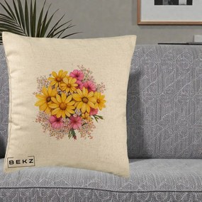 Perna Decorativa Floarea-Soarelui cu Cosmos Roz si Gypsophila, 40x40 cm, Bej, Husa Detasabila, Perna Inclusa, BEKZ®