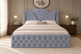 Pat tapițat Chesterfield din catifea Velora Deluxe 180×200 cm, gri deschis, cu ladă de depozitare