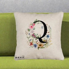 Cadou Personalizat - Perna Personalizata Monogram Litera Q cu Flori Acuarela, 40x40 cm, Bej Canapea, Husa Detasabila, Perna Inclusa, BEKZ®