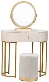 Set Bohemia, Masă de toaletă pentru machiaj cu oglindă iluminată LED, control touch, sertar, taburet, Bej, 80x40x75 cm,