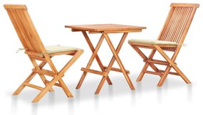 vidaXL Set bistro 3 piese cu perne crem, lemn masiv tec