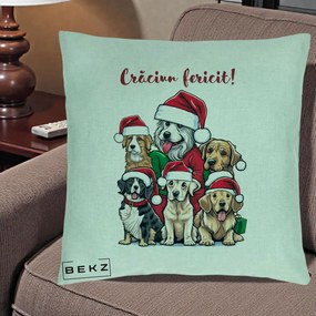 Perna Decorativa Caini cu Bonete Craciun Fericit, 40x40 cm, Verde Menta, Husa Detasabila, Perna Inclusa, BEKZ®