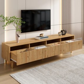 Comodă TV cu 4 sertare, din MDF și acril, 178x35x45 cm, Culoare naturală