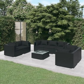 Set mobilier de gradina cu perne, 8 piese, negru, poliratan Negru, 6x colt + mijloc + masa, 1