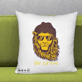 Perna Decorativa Leu Hipster Be Brave, 40x40 cm, Alb Pufos, Husa Detasabila, Perna Inclusa, BEKZ®