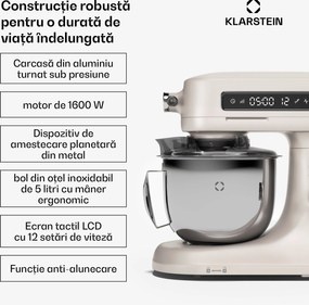 Klarstein Robot de bucătărie Chiara, 1600 W, 12 setări, Bol din oțel inoxidabil, Afișaj LCD, Accesorii incluse