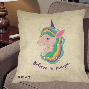Perna Decorativa Unicorn Believe in Magic, 40x40 cm, Crem, Husa Detasabila, Perna Inclusa, BEKZ®
