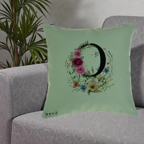Cadou Personalizat - Perna Personalizata Monogram Litera O cu Flori Acuarela, 40x40 cm, Verde, Husa Detasabila, Perna Inclusa, BEKZ®