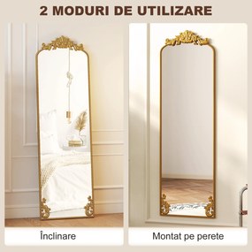 HOMCOM Oglindă de Podea Stil Baroc, 50x160 cm Oglindă de Perete și Autoportantă cu Ramă Metalică, pentru Dormitor, Living și Hol, Auriu | Aosom Romania