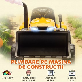 AIYAPLAY Excavator Electric pentru Copii 12V cu Cupă și Remorcă Detașabilă, Tractor Electric de Călărit cu 2 Motoare, Telecomandă, Conexiune Wireless, USB, Lumini și Muzică, 3-8 Ani, Galben | Aosom Romania