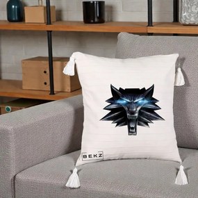 Perna Decorativa The Witcher Wolf Head, 40x40 cm, Bej cu Franjuri, Husa Detasabila, Perna Inclusa, BEKZ®
