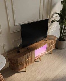 RESIGILAT- Comoda TV cu șemineu electric și riflaje, boxe Bluethooth, telecomandă, Lemn/Auriu, 180x40x50cm