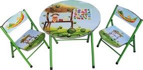 Masuta pliabila pentru copii din MDF Novokids™ Round folding table, Cu doua scaune pliabile, Diametru 60 cm, 2 niveluri de inaltime, Suprafata