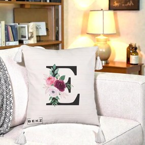 Cadou Personalizat - Perna Personalizata Monograma Florala Litera E, 40x40 cm, Bej cu Franjuri, Husa Detasabila, Perna Inclusa, BEKZ®