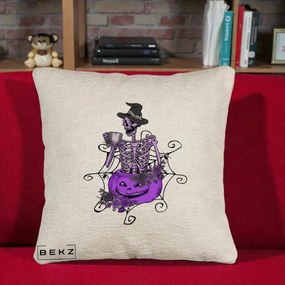 Perna Decorativa Schelet Vrajitor cu Dovleac Violet Halloween, 40x40 cm, Bej Canapea, Husa Detasabila, Perna Inclusa, BEKZ®