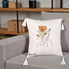 Perna Decorativa Portret Feminin Floare Portocalie, 40x40 cm, Bej cu Franjuri, Husa Detasabila, Perna Inclusa, BEKZ®
