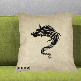 Perna Decorativa Lup Tribal Alb-Negru, 40x40 cm, Crem, Husa Detasabila, Perna Inclusa, BEKZ®