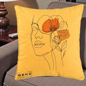 Perna Decorativa Portret Feminin Mac Profilat, 40x40 cm, Galben, Husa Detasabila, Perna Inclusa, BEKZ®