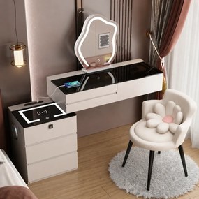 Set HANA – Masă de Toaletă pentru Machiaj, Incărcare Wireless, Blocare Amprentă, Blat sticlă, Iluminare LED 3 culori, Alb/Negru