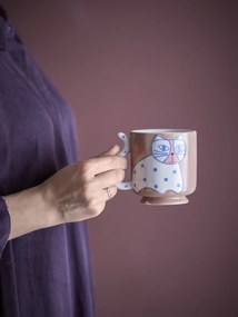 Set 4 căni din ceramică artizanală, multicolor, pictate manual cu pisici și buline, 8,5x9 cm, 325 ml, „Missy"