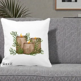 Perna Decorativa Lumanari Rustice cu Crengute Brad, 40x40 cm, Alba Mata, Husa Detasabila, Perna Inclusa, BEKZ®