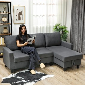HOMCOM Canapea Extensibilă cu 3 Locuri cu Șezlong și Spațiu de Depozitare, 197x129x85 cm, Gri Închis | Aosom Romania
