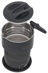Fierbator pentru calatorii Adler AD 1377, 600W, 0,6 l, Corp pliabil din silicon, Protectie la supraincalzire, Indicator luminos, Gri/Negru