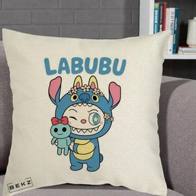 Perna Personalizata Labubu x Stitch cu Flori, 40x40 cm, Ecru, Husa Detasabila, Perna Inclusa, BEKZ®