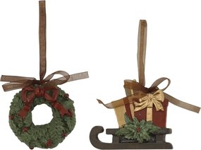 Set 2 ornamente decorative din rășină pictată manual, coronița și sanie cu cadouri, 8.5x9x2 cm, „Noël"