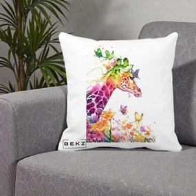 Perna Decorativa Girafa Curcubeu Acuarela, 40x40 cm, Alba Mata, Husa Detasabila, Perna Inclusa, BEKZ®