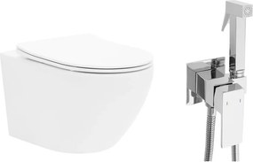 Pachet vas wc suspendat Rea Carlo Mini, capac softclose si set dus igiena intima crom cu baterie incastrata Rea Fenix