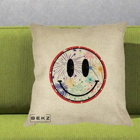 Perna Decorativa Smiley Face cu Artificii Multicolore, 40x40 cm, Crem, Husa Detasabila, Perna Inclusa, BEKZ®