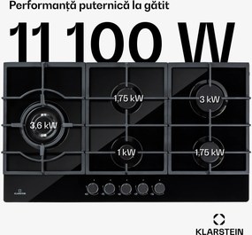 Klarstein Ignito Chef Edition, 5 zone, plită pe gaz, 5 arzătoare, arzătoare Sabaf, suprafață din sticlă ceramică