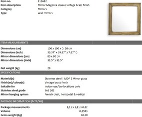 Oglinda decorativa design LUX din otel finisaj alama vintage Magenta 100x100cm 113612 HZ