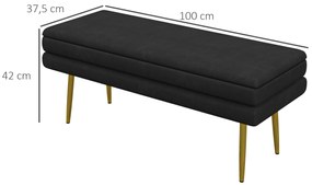 HOMCOM Bancă bancuță cutie de depozitare 2 în 1 cu șezut din catifea și picioare de oțel - 100 x 37,5 x 42 cm, negru și auriu | Aosom Romania