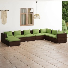 Set mobilier de gradina cu perne, 8 piese, maro, poliratan maro si verde, 3x colt + 4x mijloc + suport pentru picioare, 1
