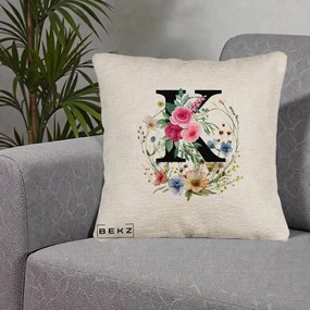 Cadou Personalizat - Perna Personalizata Monogram Litera K cu Flori Acuarela, 40x40 cm, Bej Canapea, Husa Detasabila, Perna Inclusa, BEKZ®
