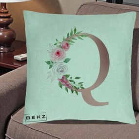 Cadou Personalizat - Perna Personalizata Monograma Rose Gold Litera Q, 40x40 cm, Verde Menta, Husa Detasabila, Perna Inclusa, BEKZ®
