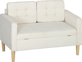 HOMCOM Canapea cu două locuri cu spațiu de depozitare, capitonare cu nasturi, perne, lemn de cauciuc, 117x62x78cm, alb crem | Aosom Romania