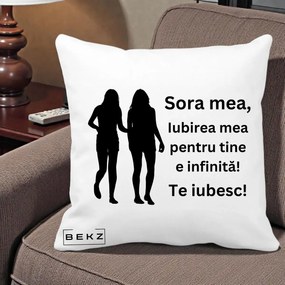 Cadou pentru Sora - Perna Personalizata Sora Mea Te Iubesc Siluete Negre Tinand Maini, 40x40 cm, Alba Mata, Husa Detasabila, Perna Inclusa, BEKZ®