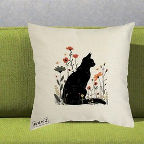 Perna Decorativa Pisica Neagra Profil Flori Portocalii, 40x40 cm, Ecru, Husa Detasabila, Perna Inclusa, BEKZ®