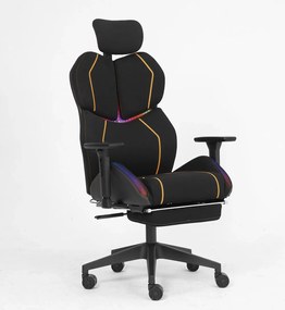 LUMINA X-Motion Pro –Scaun Gaming & Office Premium cu LED RGB, Masaj Lombar, Translație Șezut și Suport pentru Picioare – Confort Inteligent și Design Spectaculos, Textil, Negru/Galben