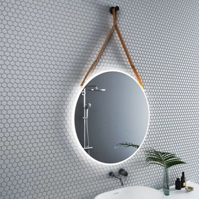 Oglinda cu iluminare si dezaburire Inter Ceramic forma rotunda 80 cm curea maro deschis