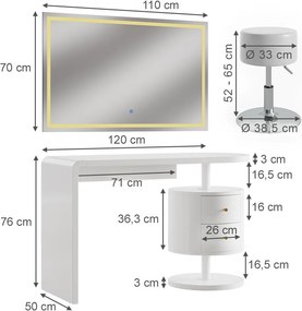 Masuta machiaj cu Oglinda LED si 2 Sertare pentru Cosmetice, Set Masa toaleta 120 cm, Alb Lucios, masuta cosmetica, vanity - SEA462