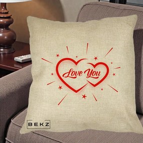 Cadou Romantic - Perna Personalizata Love You Doua Inimi, 40x40 cm, Crem, Husa Detasabila, Perna Inclusa, BEKZ®