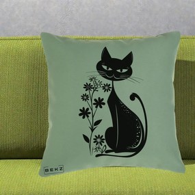 Perna Decorativa Pisica Neagra Grafica Minimalista, 40x40 cm, Verde, Husa Detasabila, Perna Inclusa, BEKZ®