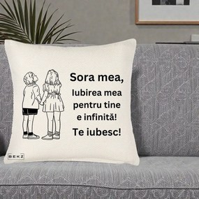 Cadou pentru Sora - Perna Personalizata Sora Mea Te Iubesc Copii Tinand Maini Line Art, 40x40 cm, Crem Reliefat, Husa Detasabila, Perna Inclusa, BEKZ®