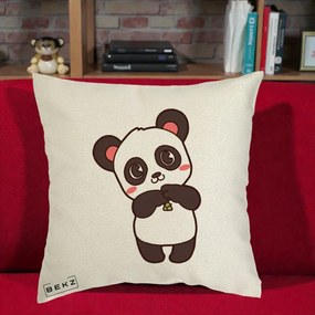 Perna Personalizata Panda Kawaii cu Bambus, 40x40 cm, Ecru, Husa Detasabila, Perna Inclusa, BEKZ®