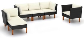 Set mobilier gradina 6 piese negru poliratan lemn eucalipt Negru, 3x canapea de colt + canapea de mijloc + fotoliu + suport pentru picioare, 1