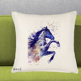 Perna Decorativa Cal Albastru Acuarela, 40x40 cm, Crem Reliefat, Husa Detasabila, Perna Inclusa, BEKZ®